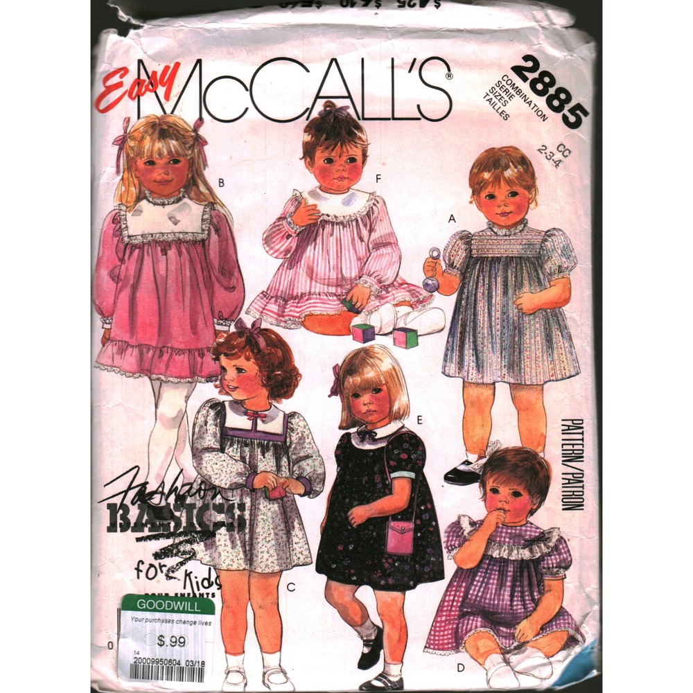 Vintage Easy McCalls 2885 Toddler Dress Sewing Pattern Sizes 2 3 Fashion Basics